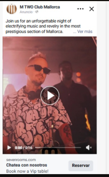M TWO Club Mallorca Facebook ad with a booking call to action