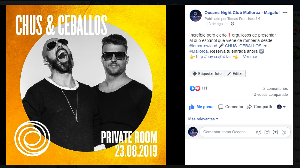 Original Oceans Night Club Mallorca post for the Chus & Ceballos event on 23 August 2019